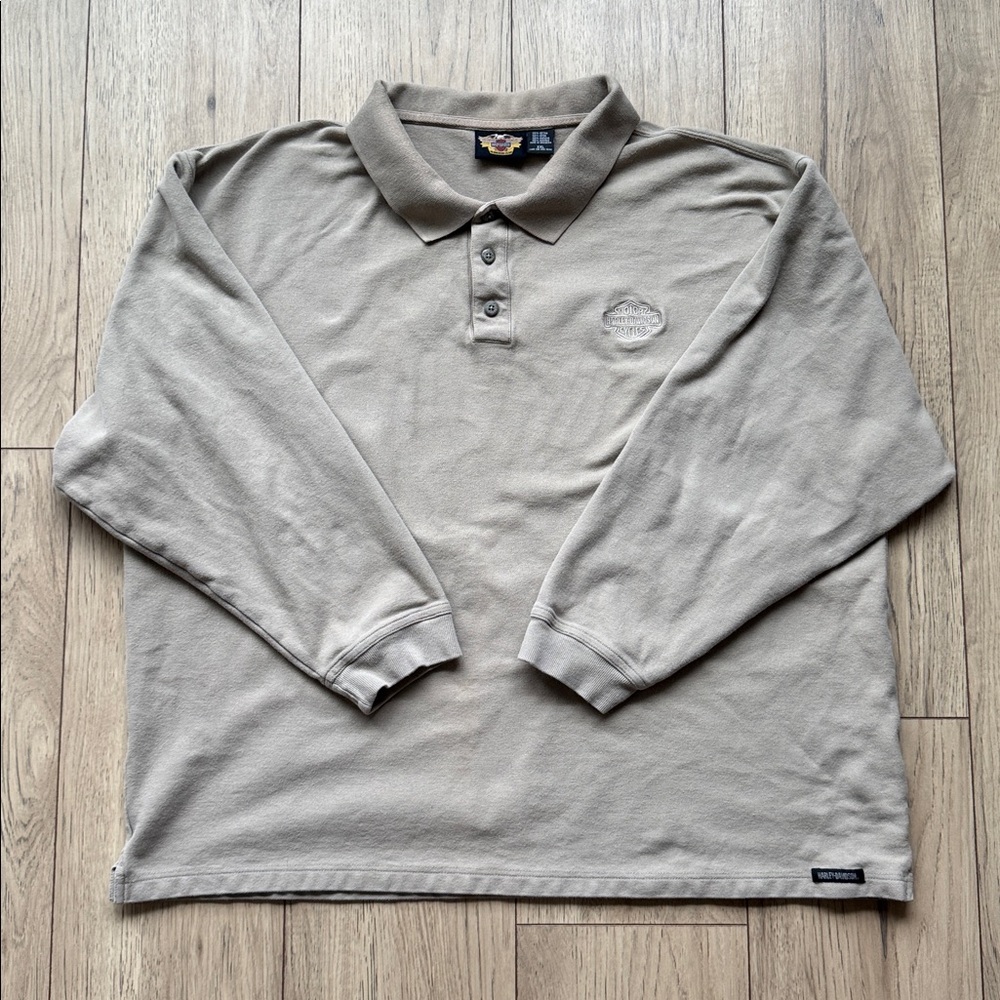 Harley Davidson Men’s Polo Long Sleeve Shirt 2XL Tan Brown Motorcycle Collared - Picture 2 of 12